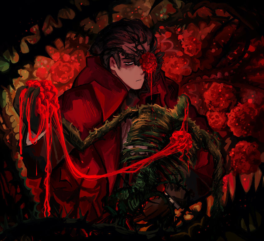 1boy, absurdres, animanima, black_gloves, black_hair, blood, closed_mouth, coat