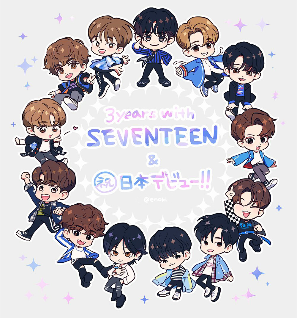 6+boys, ^_^, arm_up, black_hair, blue_jacket, brown_eyes, checkered_sleeves, chibi