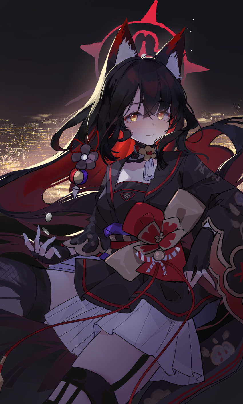 1girl, absurdres, animal_ear_fluff, animal_ears, black_flower, black_gloves, black_hair, black_kimono