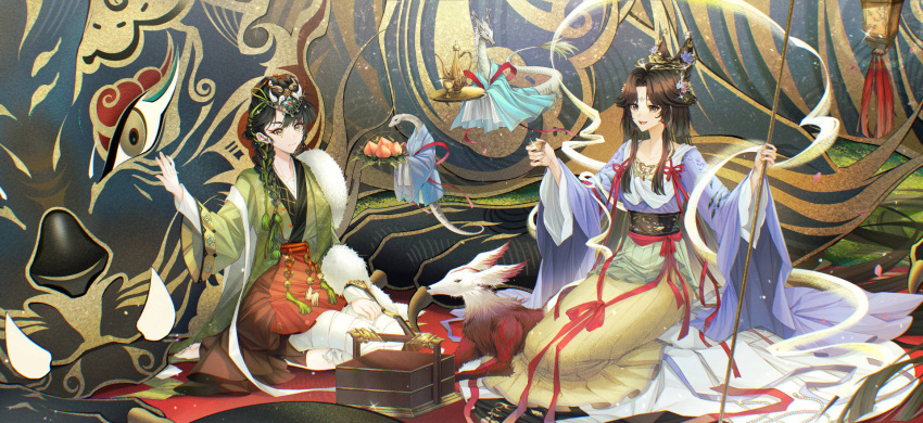 2girls, :d, bandaged_leg, bandages, basket, black_eyes, black_hair, braid