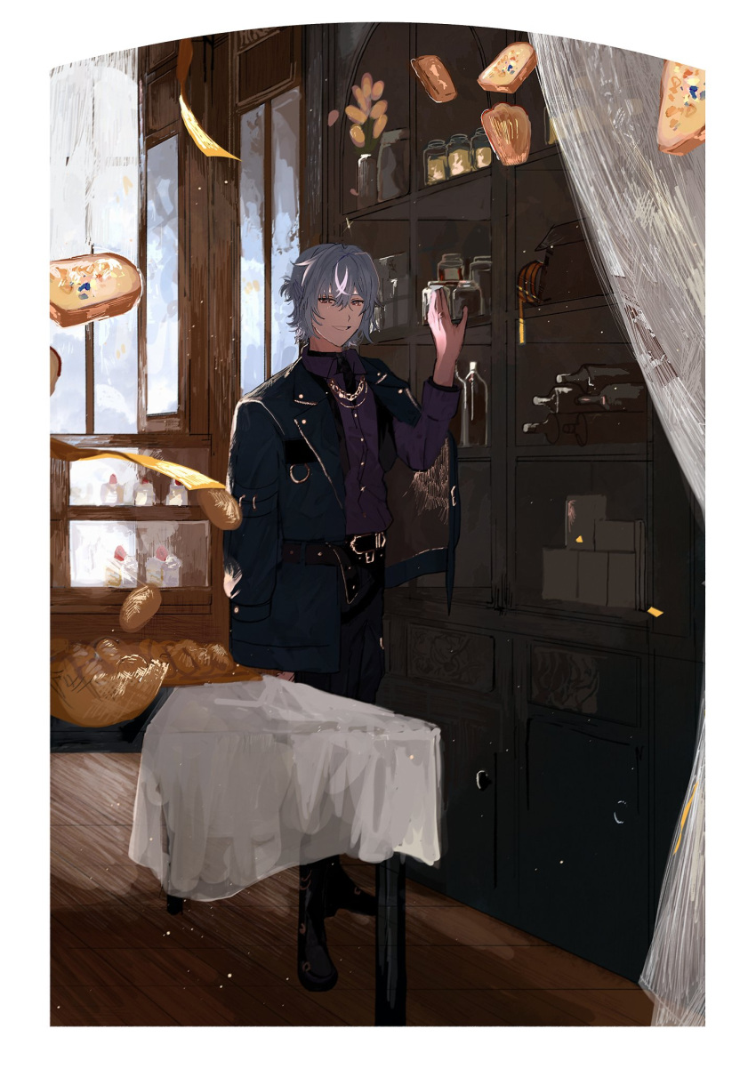 1boy, 22kolink, belt, bottle, coat, cup, curtains, food