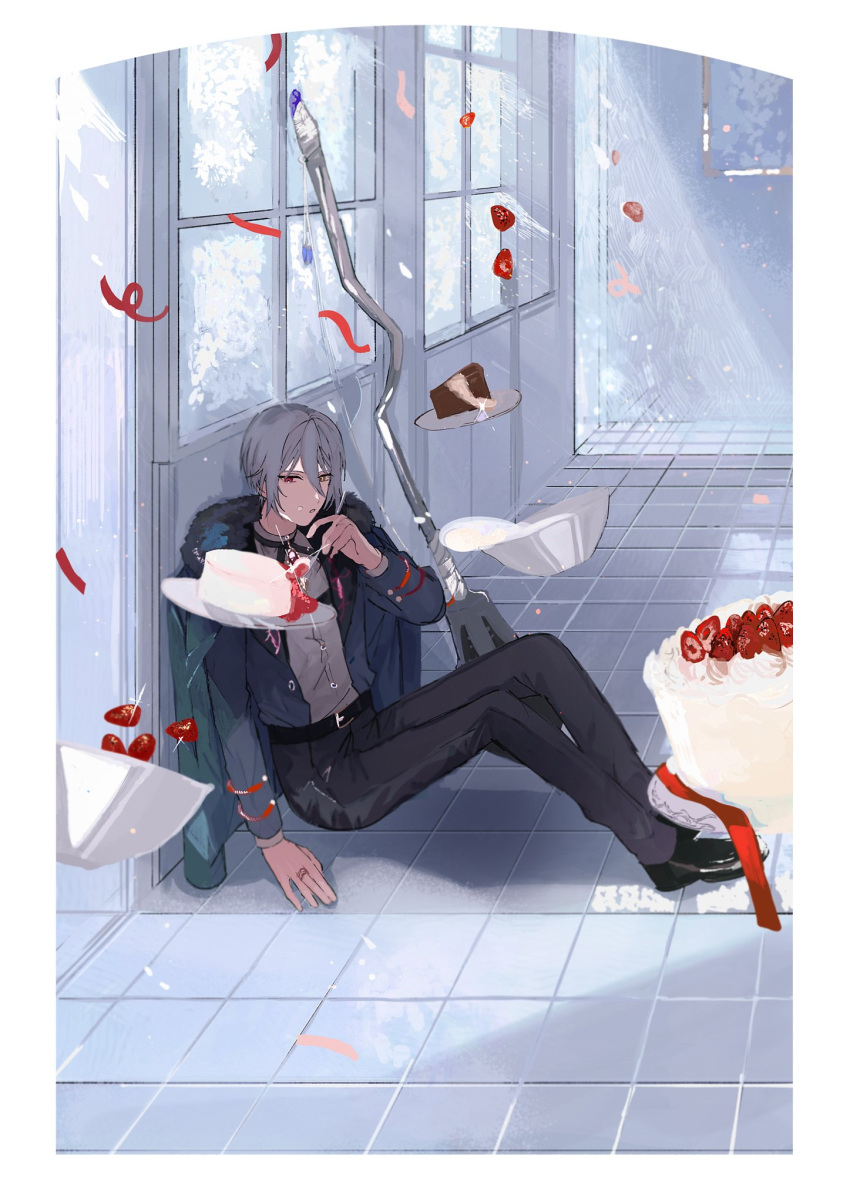 1boy, 22kolink, broom, cake, flower, food, fruit, full_body