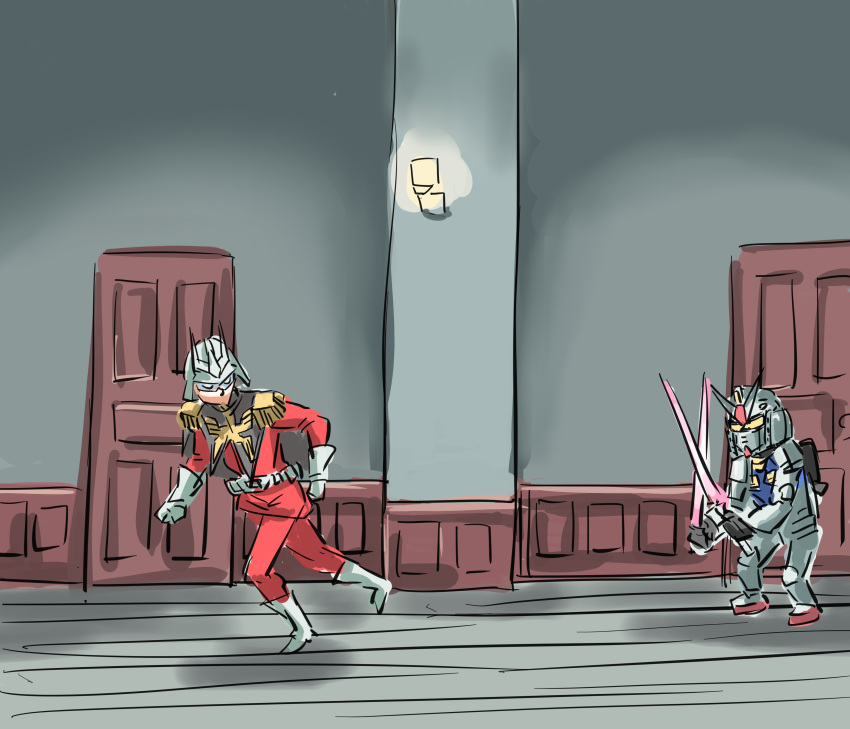 1boy, absurdres, blonde_hair, char_aznable, chasing, clock_tower_(series), energy_sword, epaulettes