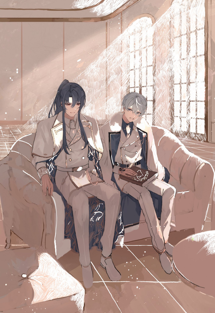 22kolink, 2boys, black_hair, blue_hair, book, buttons, collared_shirt, couch