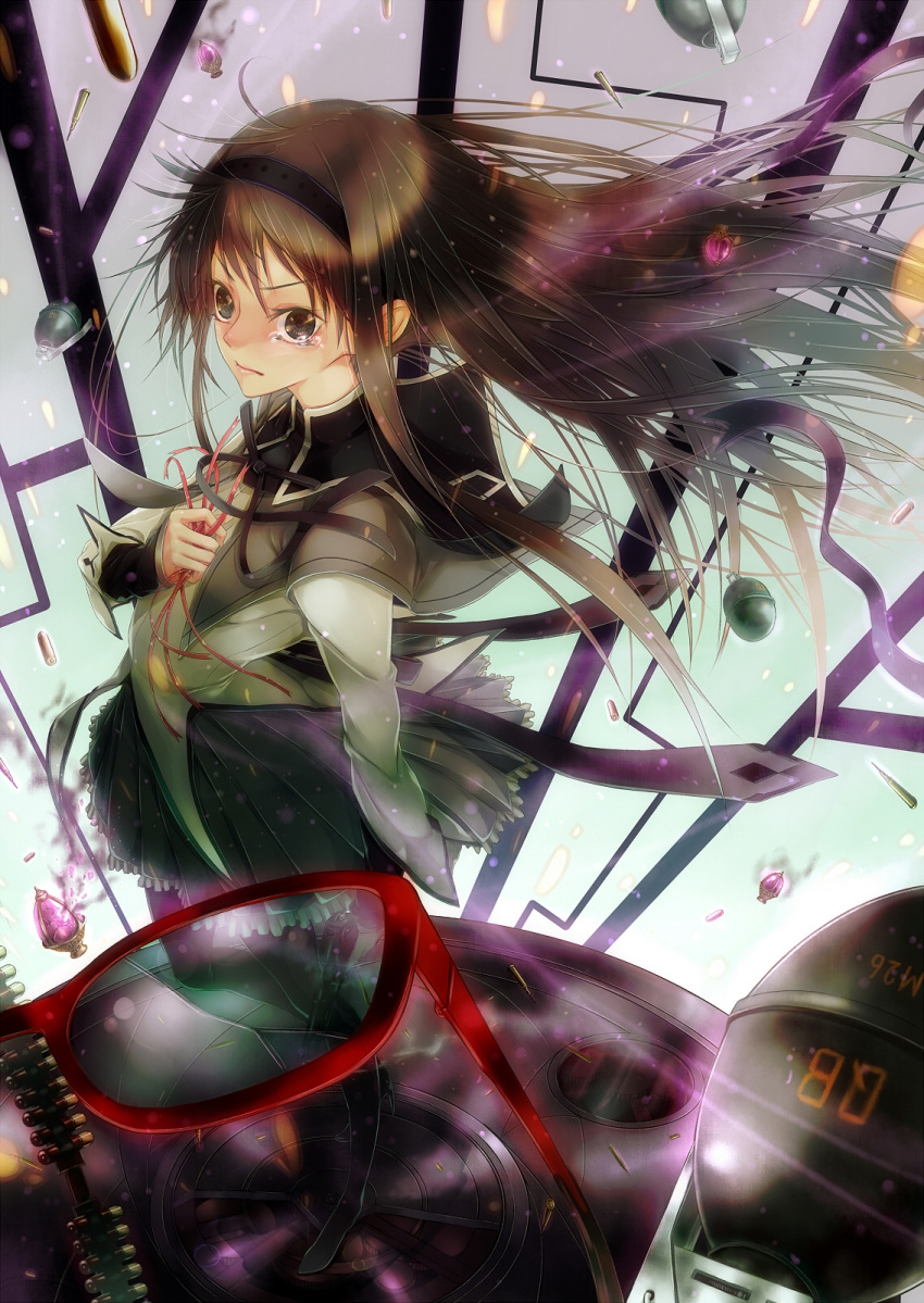 akemi_homura, ammunition_belt, black_eyes, black_hair, broken_glasses, explosive, glasses, grenade, gun, hairband, highres, jojotaro, long_hair, magical_girl, mahou_shoujo_madoka_magica, red-framed_glasses, ribbon, skirt, solo, soul_gem, tears, weapon
