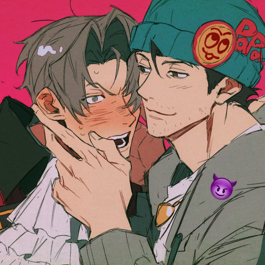 2boys, ace_attorney, apollo_justice:_ace_attorney, ascot, beanie, beard_stubble, black_hair, blue_hat, blush, curtained_hair, demon_emoji, facial_hair, fingernails, grey_eyes, grey_jacket, hand_on_another's_face, hat, high_collar, highres, jacket, jewelry, kkim52, looking_at_another, male_focus, miles_edgeworth, multiple_boys, necklace, nervous_sweating, one_eye_covered, open_clothes, open_jacket, open_mouth, phoenix_wright, red_background, shirt, short_hair, short_sideburns, simple_background, stubble, sweat, teeth, upper_body, white_ascot, white_shirt
