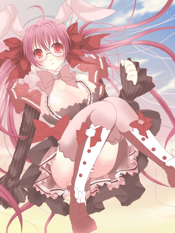 bad_id, breasts, bunny_ears, cleavage, cloud, clouds, di_gi_charat, glasses