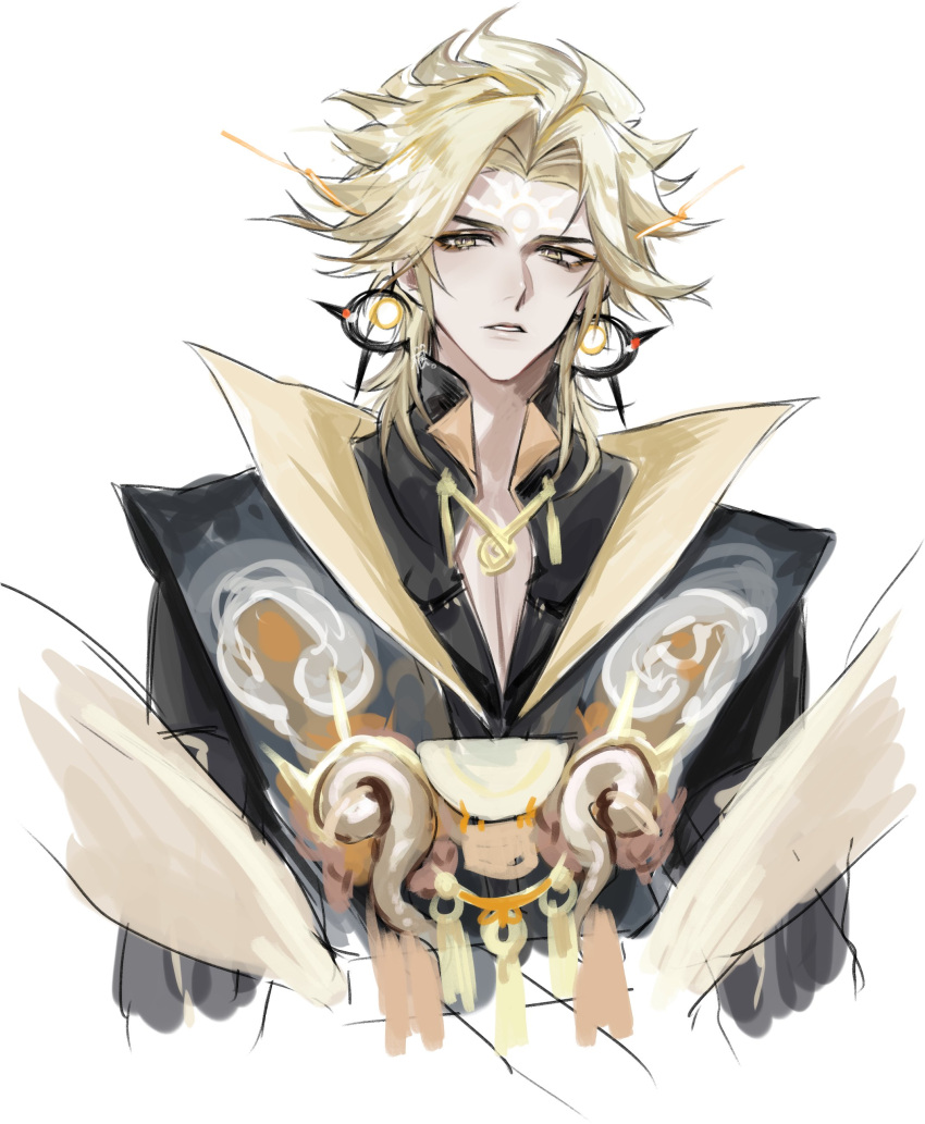 1boy, absurdres, blonde_hair, cropped_torso, earrings, facial_mark, highres, jewelry