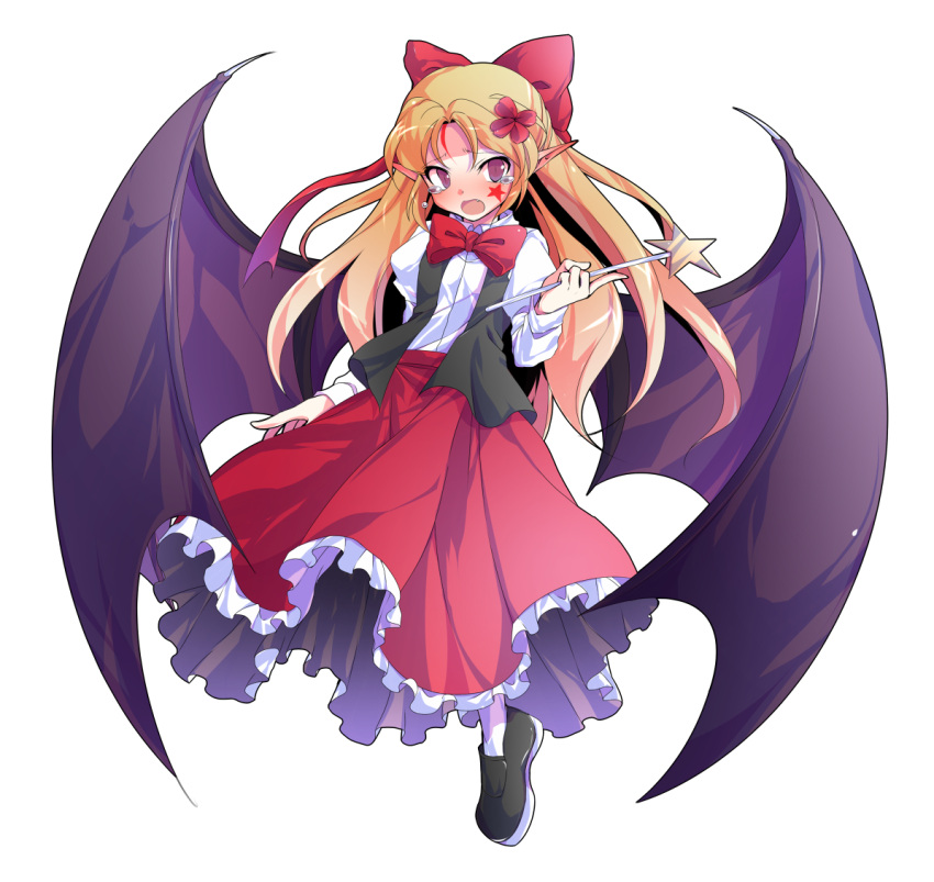 1girl, :o, alphes_(style), bat_wings, black_shoes, black_vest, blonde_hair, blush
