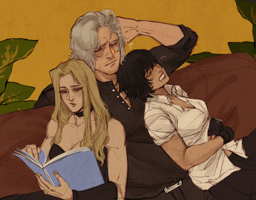 1boy, 2girls, beard_stubble, black_choker, black_gloves, black_hair, black_shirt, blonde_hair, book, choker, closed_eyes, dante_(devil_may_cry), devil_may_cry_(series), facial_hair, fingerless_gloves, gloves, hejee, highres, holding, holding_book, lady_(devil_may_cry), multiple_girls, saliva, shirt, stubble, trish_(devil_may_cry), white_hair, white_shirt