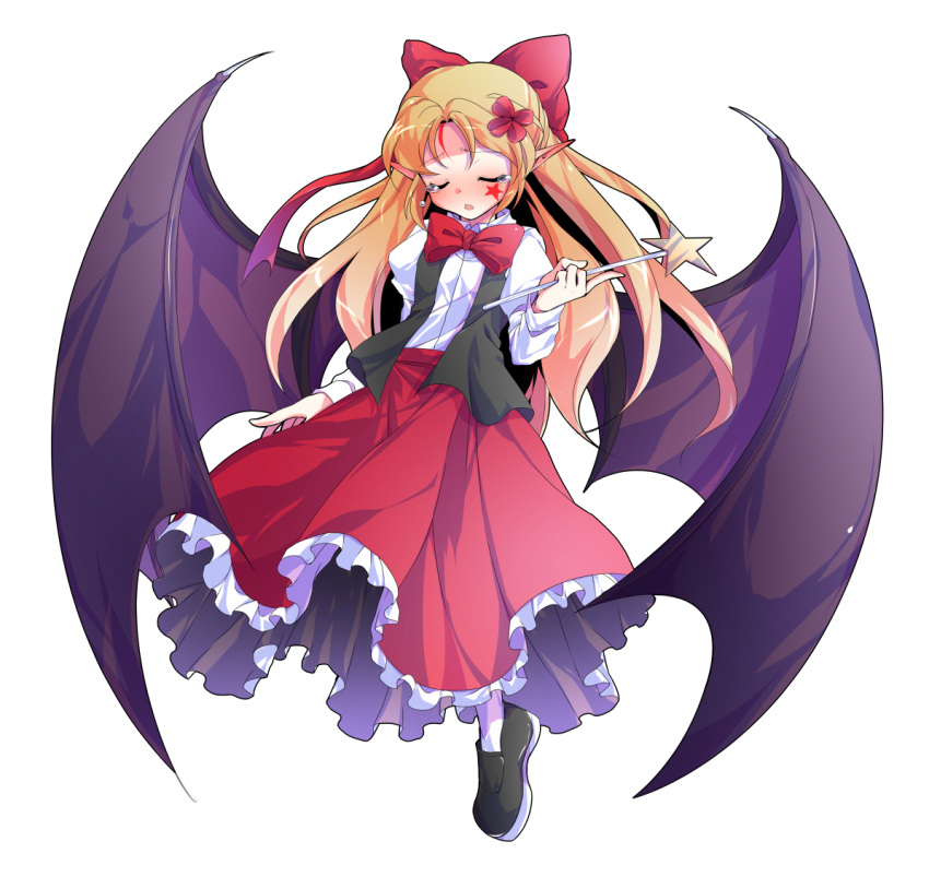 1girl, alphes_(style), bat_wings, black_shoes, black_vest, blonde_hair, blush, bow