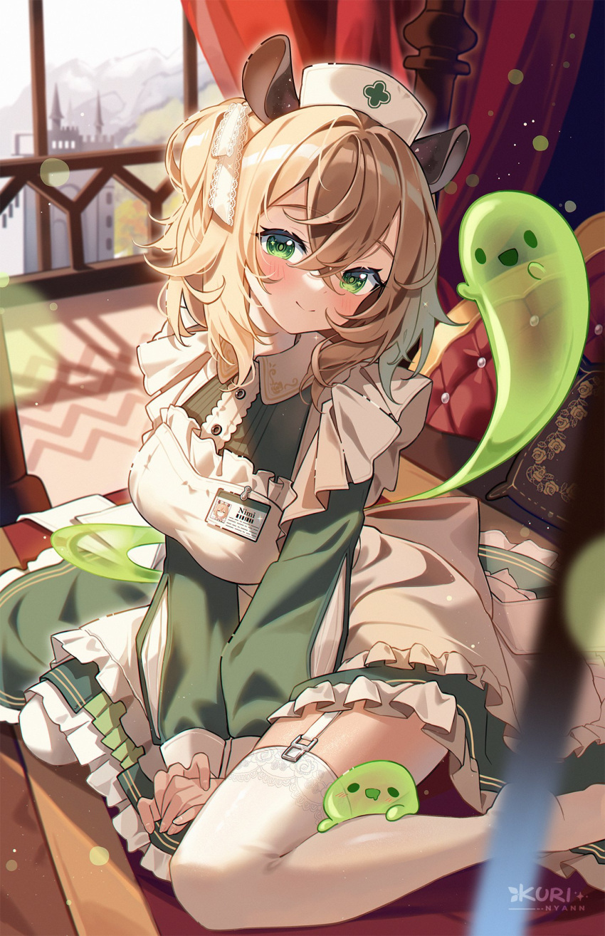 1girl, animal_ears, apron, blurry, breasts, brown_hair, center_frills, closed_mouth