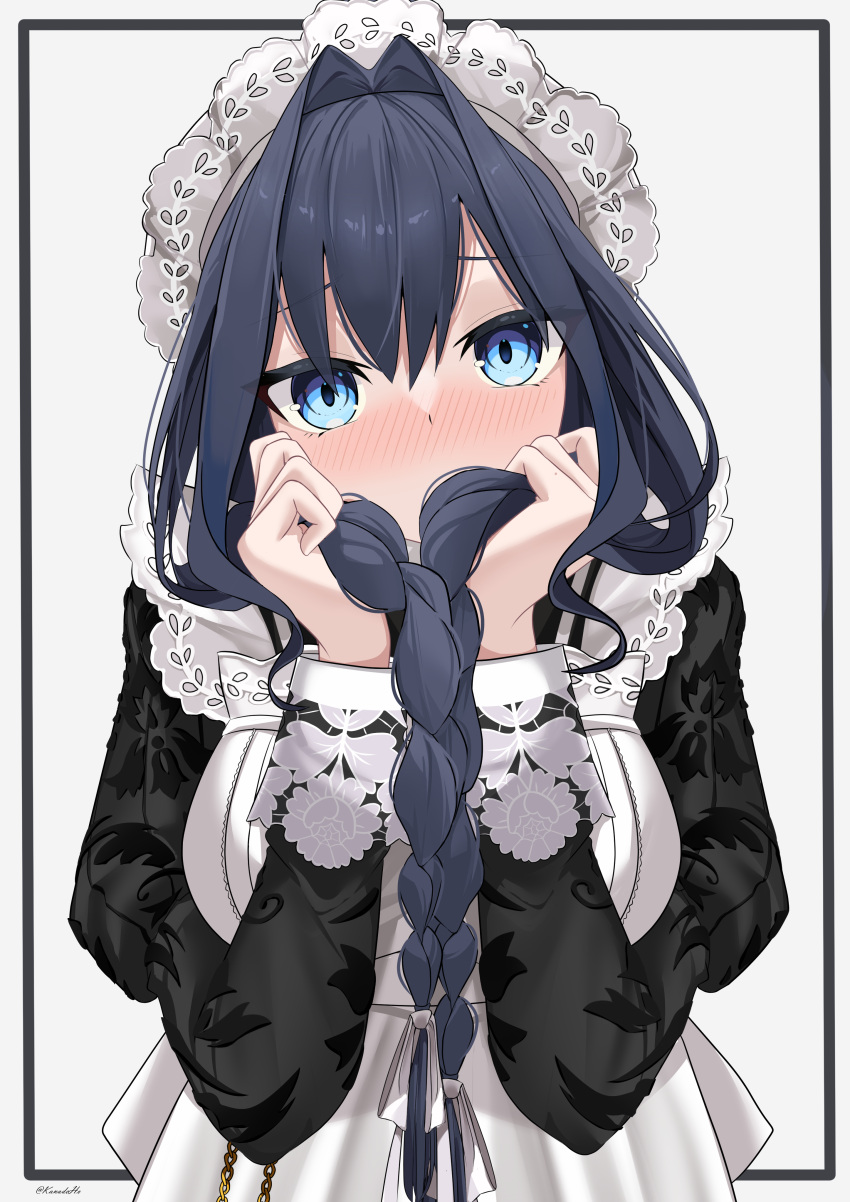 1girl, absurdres, apron, black_dress, black_hair, blue_eyes, blush, dress