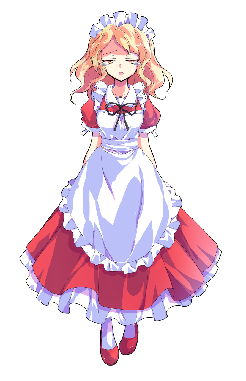 1girl, apron, arms_at_sides, black_ribbon, collarbone, collared_dress, commentary_request, dairi