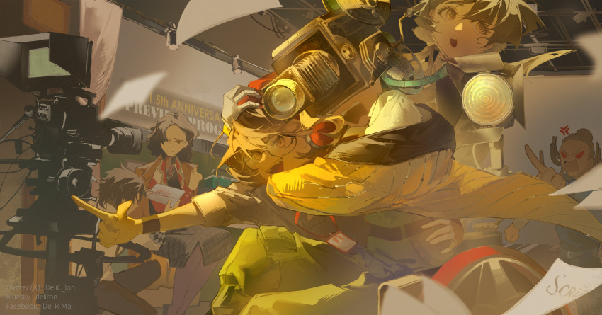 1boy, 5girls, :d, :o, absurdres, anger_vein, angry, behind_another