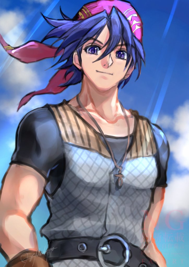 1boy, belt, belt_buckle, black_belt, blue_sky, brown_gloves, buckle, chrono_cross, clouds, collarbone, commentary_request, floating_hair, gloves, hair_between_eyes, hanada_nadako, jewelry, male_focus, necklace, serge_(chrono_cross), short_hair, short_sleeves, signature, sky, smile, solo, sunlight