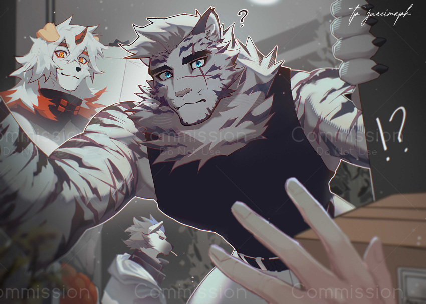 !?, 1other, 3boys, absurdres, animal_ears, arknights, black_hair, black_tank_top