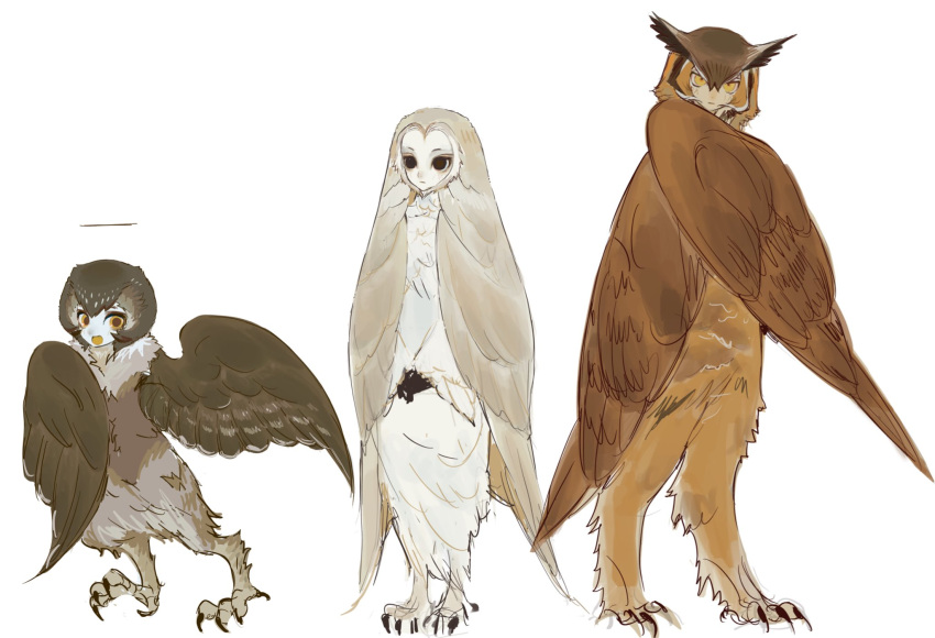 3girls, animal_feet, body_fur, brown_eyes, brown_hair, brown_wings, claws, english_commentary