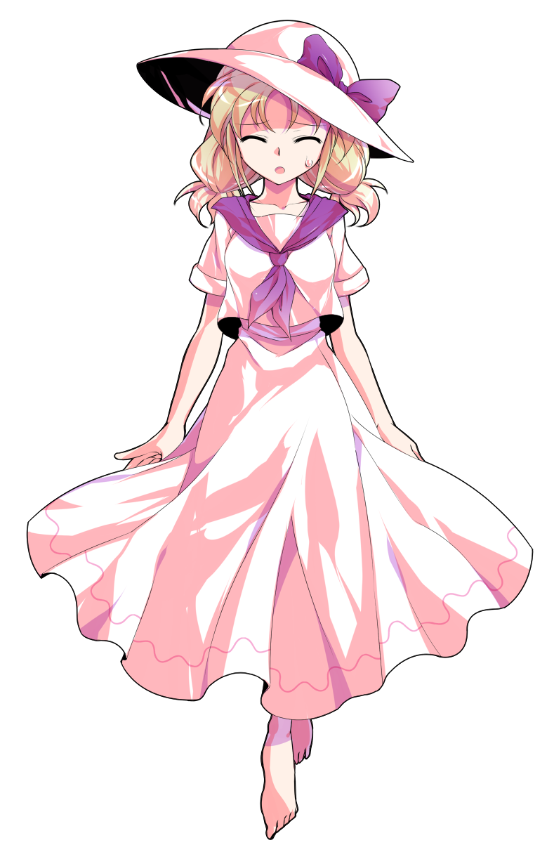 1girl, :o, ^_^, arms_at_sides, barefoot, bow, breasts, closed_eyes