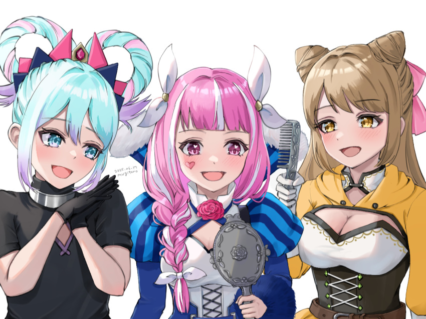 1boy, 2girls, alternate_hairstyle, androgynous, artist_name, black_corset, blue_hair, blunt_bangs, braid, braided_ponytail, commentary, cone_hair_bun, corset, cross-laced_clothes, cross-laced_dress, dated, diamond_cutout, dress, drill_hair, facial_mark, fire_emblem, fire_emblem_engage, folded_twintails, fur_wrist_cuffs, goldmary_(fire_emblem), group_hairstyle_switch, hair_bun, hair_flaps, hair_horns, hair_rings, hairstyle_switch, hand_mirror, heart, heart_facial_mark, holding, holding_mirror, hortensia_(fire_emblem), low_ponytail, mirror, mugitoro_(dsfv2277), multicolored_hair, multicolored_tiara, multiple_girls, open_mouth, pink_eyes, pink_hair, ponytail, ribbon, rosado_(fire_emblem), sidelocks, smile, striped_clothes, striped_dress, two-tone_hair, vertical-striped_clothes, vertical-striped_dress, white_ribbon, wrist_cuffs