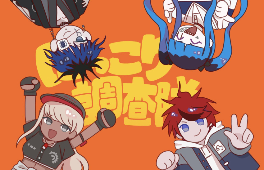 2boys, 2girls, :d, ^_^, amemiya_darumi, arms_up, black_gloves, black_shirt