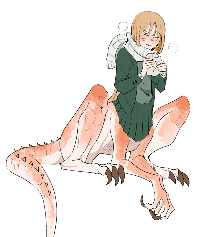 1girl, blonde_hair, blush, borrowed_character, claws, closed_eyes, commentary_request, dinosaur_girl, eating, food, full_body, green_jacket, green_skirt, highres, jacket, monster_girl, original, riseidokokana, scarf, simple_background, sitting, skirt, solo, steam, steamed_bun, striped_clothes, striped_scarf, taur, white_background