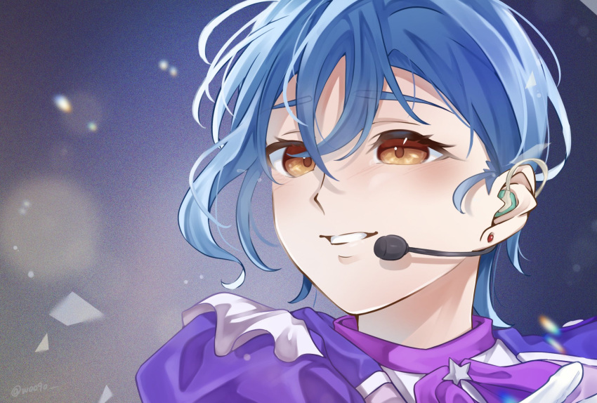 1girl, blue_background, blue_hair, commentary_request, crossed_bangs, dazzling_game, dress, earrings