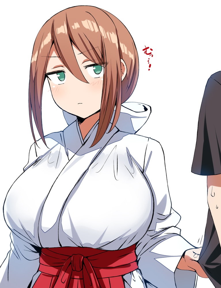 1boy, 1girl, belko, black_shirt, blush, breasts, brown_hair, closed_mouth
