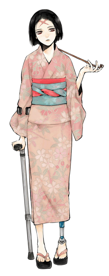 black_hair, brown_eyes, cane, floral_print, japanese_clothes, kimono, kiseru, long_sleeves