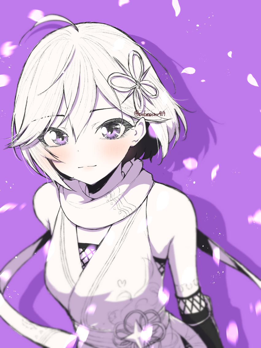 1girl, ahoge, bare_shoulders, blush, breasts, closed_mouth, commentary, elbow_gloves