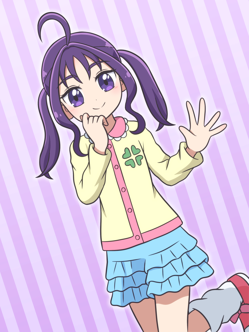 1girl, ahoge, blue_skirt, blush, buttons, closed_mouth, clover_print, cocotama_(series)