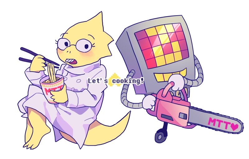 1boy, 1girl, alphys, beryllium_game, chainsaw, chopsticks, coat, commentary_request