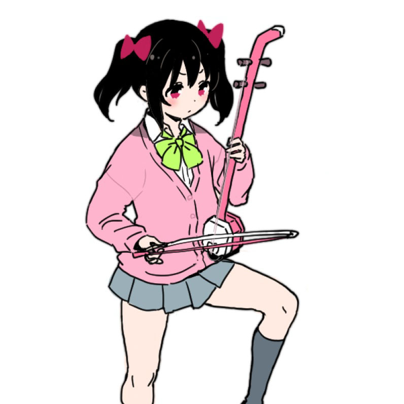 1girl, black_hair, blush, bow, bow_(music), bowtie, captain_morgan_pose, cardigan, closed_mouth, collared_shirt, commentary, dress_shirt, english_commentary, feet_out_of_frame, green_bow, green_bowtie, grey_skirt, hair_bow, holding, holding_bow_(music), holding_instrument, instrument, long_sleeves, love_live!, love_live!_school_idol_project, medium_hair, miniskirt, no_jacket, otonokizaka_school_uniform, pink_bow, pink_cardigan, pink_eyes, pleated_skirt, school_uniform, shamisen, shinanoya_(satanicad), shirt, skirt, sleeves_past_wrists, solo, twintails, v-shaped_eyebrows, white_background, white_shirt, yazawa_nico