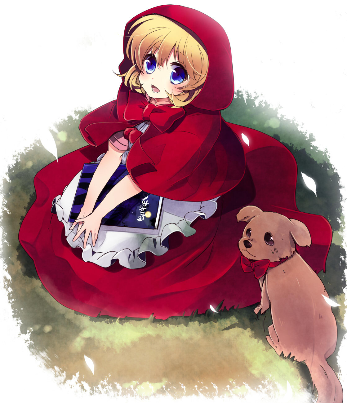 blonde_hair, blue_eyes, book, bow, bulleta, capcom, dog, dress, highres, hood, kneeling, nozomu144, petals, ribbon, shawl, short_hair, smile, solo, vampire_(game)