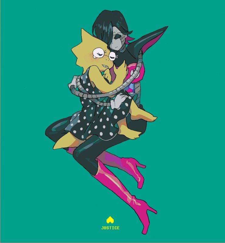 1boy, 1girl, alphys, android, aqua_background, beryllium_game, black_dress, black_hair