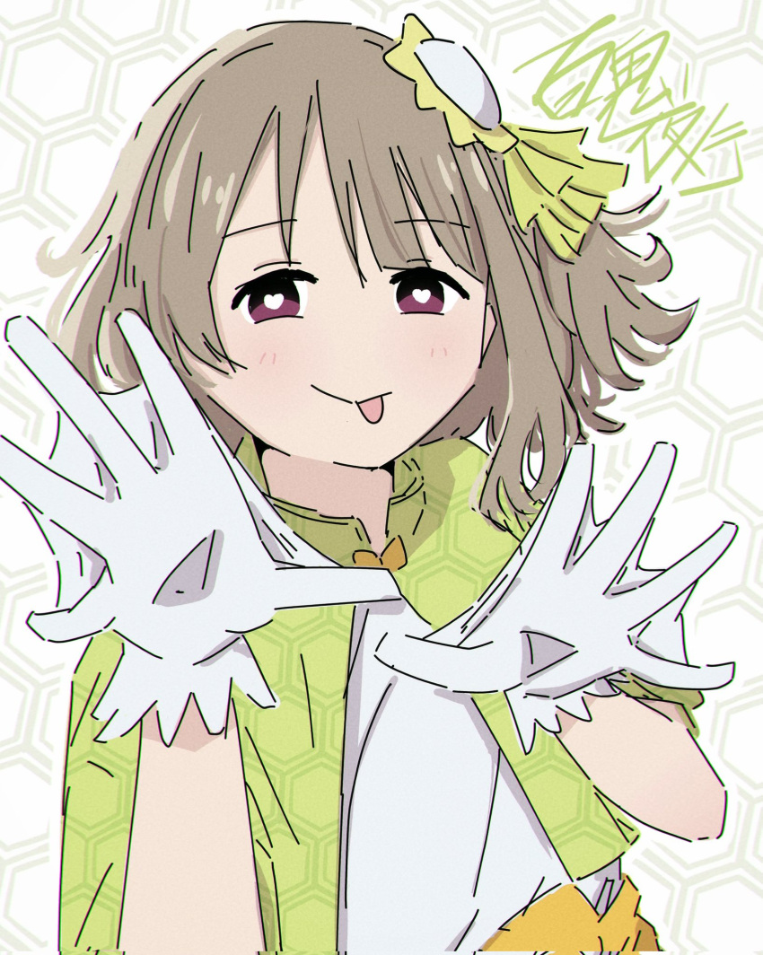 1girl, beret, bright_pupils, brown_hair, corrupted_twitter_file, gloves, green_jacket, hat