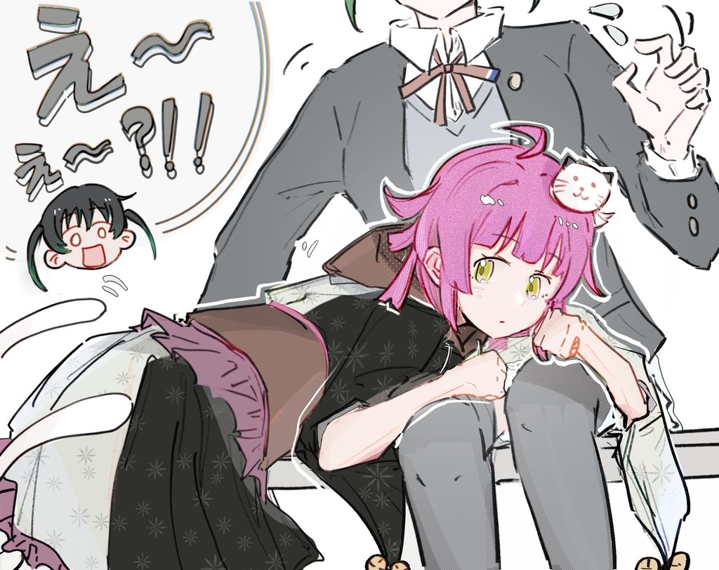 2girls, ahoge, b1geinu, black_jacket, black_kimono, black_thighhighs, blunt_bangs, brown_sash