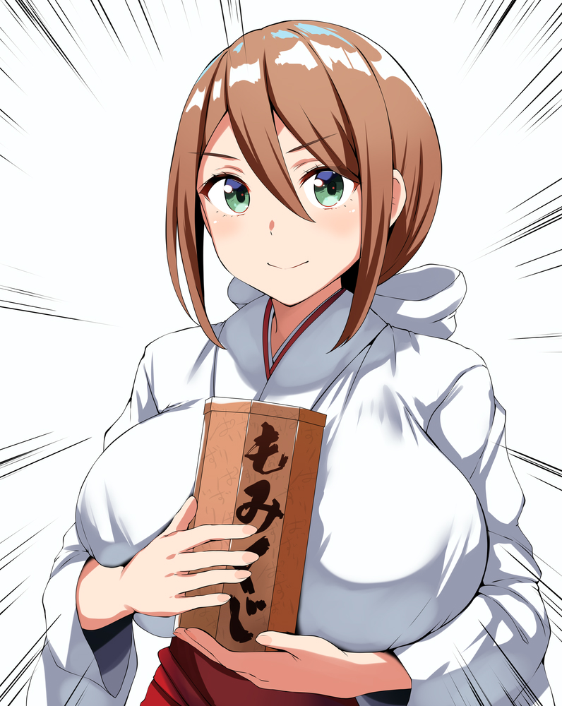 1girl, belko, box, breasts, brown_hair, closed_mouth, emphasis_lines, green_eyes