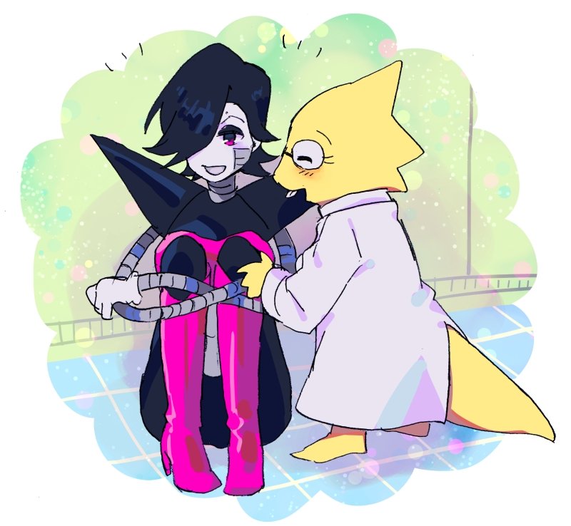 1boy, 1girl, alphys, beryllium_game, black_hair, closed_eyes, coat, commentary_request
