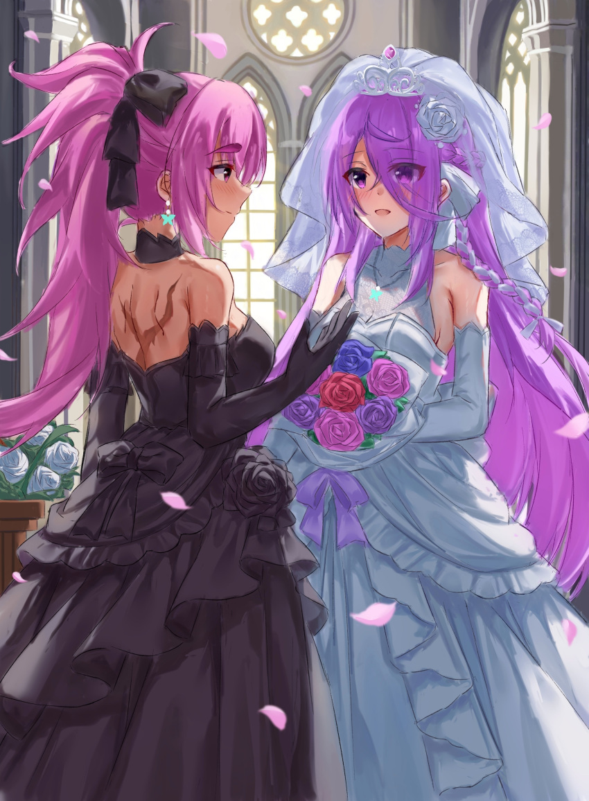 2girls, absurdres, braid, breasts, dress, hair_over_one_eye, hair_ribbon, heaven_burns_red