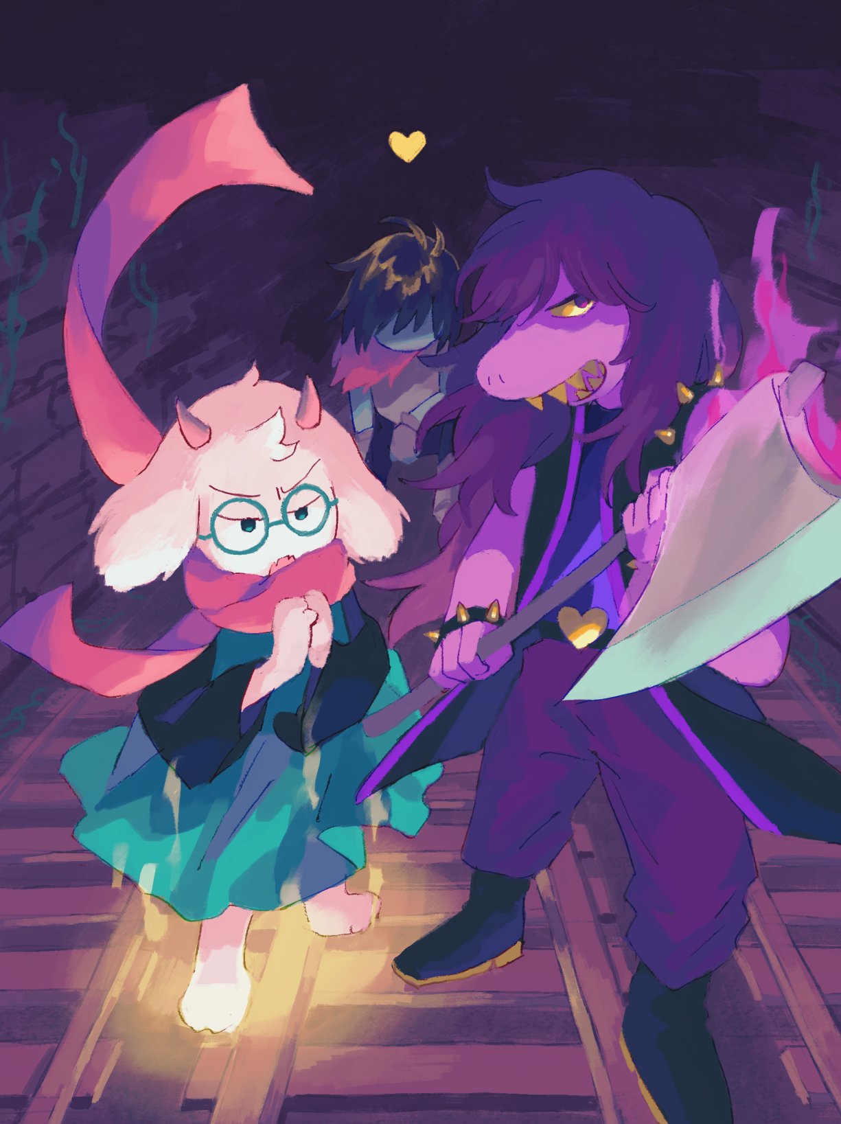 1boy, 1girl, 1other, armlet, axe, beryllium_game, black_shoes, blue_hair
