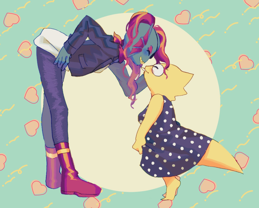 2girls, alphys, beryllium_game, black_dress, black_jacket, black_pants, closed_eyes, commentary_request, dress, fins, head_fins, heart, height_difference, highres, jacket, leaning, lizard_tail, long_hair, multiple_girls, pants, polka_dot, polka_dot_dress, red_hair, red_shoes, reptile_girl, shirt, shoes, sleeveless, sleeveless_dress, smile, tail, undertale, undyne, white_shirt, yuri