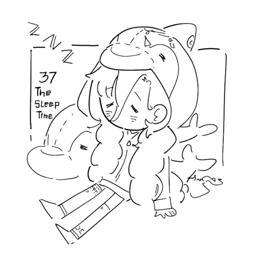 1girl, 37_(reverse:1999), alternate_costume, arm_support, chibi, closed_eyes, daku_k, dolphin_costume