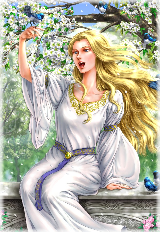 bird, blonde_hair, blue_eyes, dress, flower, idril_celebrindal, kamehame, long_hair