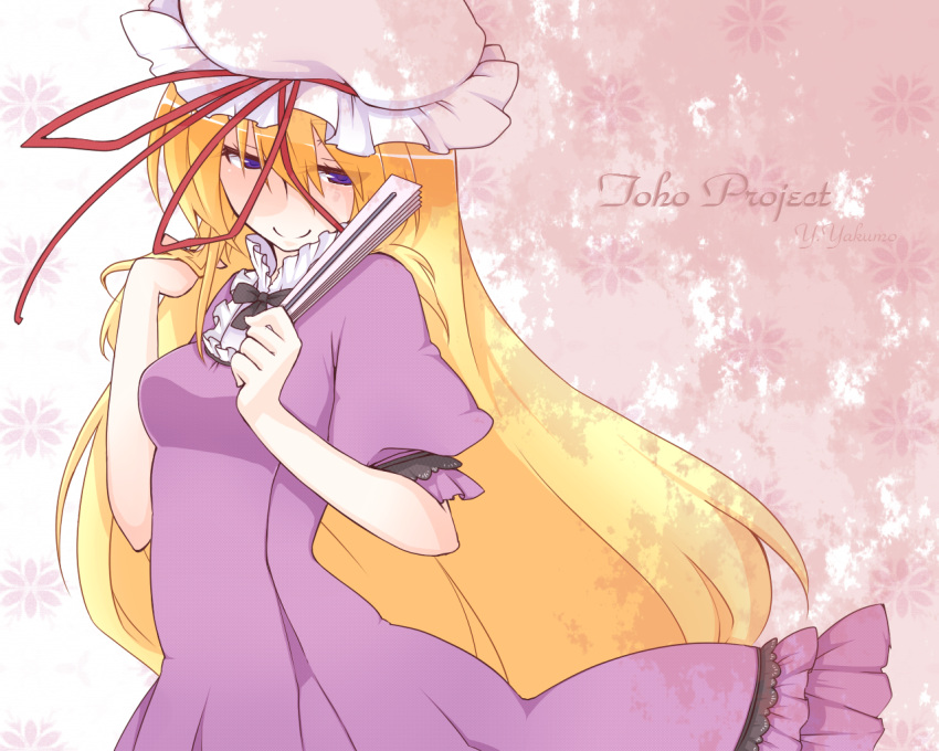 adjusting_hair, blonde_hair, blush, bust, cielo_oceano, closed_fan, dress, fan, folding_fan, hat, hat_ribbon, long_hair, paper_fan, purple_eyes, ribbon, smile, solo, touhou, very_long_hair, violet_eyes, yakumo_yukari