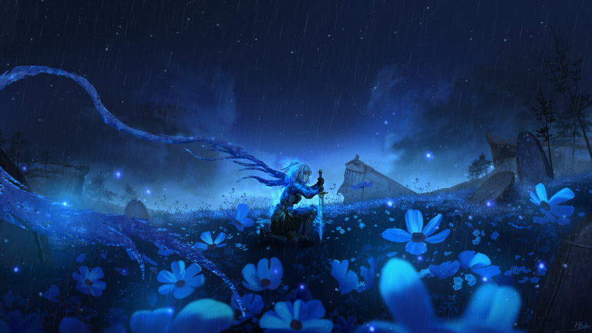 1girl, absurdres, arm_armor, armor, armored_boots, aura, blue_eyes, blue_flower
