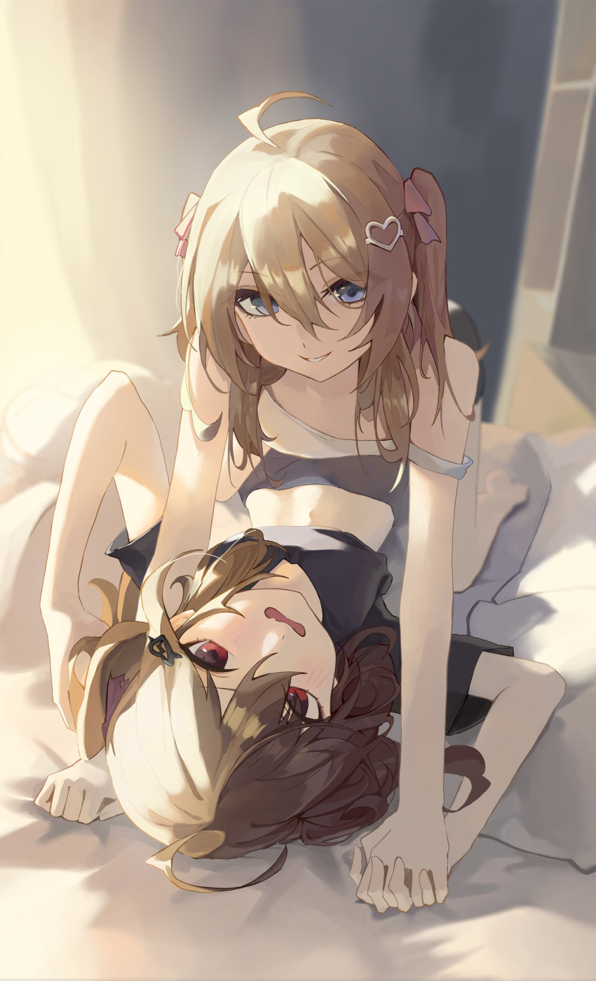 2girls, absurdres, ahoge, all_fours, bed_sheet, black_shirt, black_shorts, blue_eyes