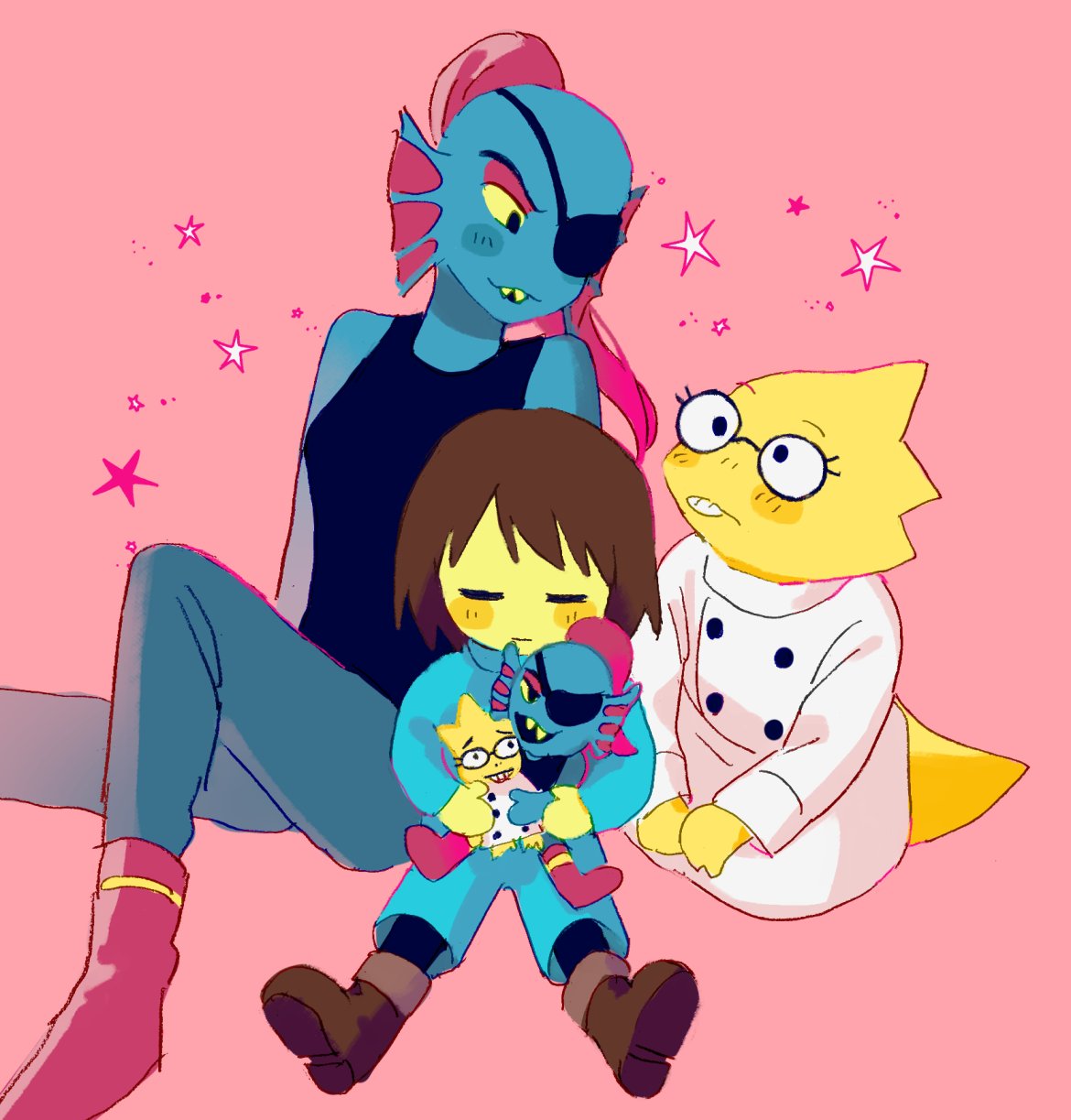 1other, 2girls, alphys, beryllium_game, black_tank_top, blue_jumpsuit, blue_skin, boots, brown_boots, character_doll, coat, colored_sclera, colored_skin, commentary_request, doll, eyepatch, fins, fish_girl, frisk_(undertale), head_fins, highres, holding, holding_doll, jumpsuit, lab_coat, lizard_tail, long_hair, multiple_girls, pink_background, ponytail, red_hair, reptile_girl, sitting, star_(symbol), tail, tank_top, undertale, undyne, white_coat, yellow_sclera, yellow_skin