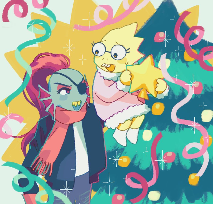 2girls, alphys, beryllium_game, black_jacket, blue_skin, christmas_tree, colored_skin, commentary_request