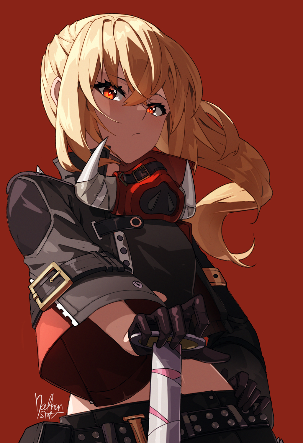 1girl, black_gloves, black_jacket, black_pants, black_shirt, blonde_hair, gloves, highres